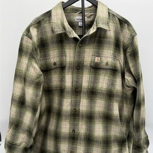 Carhartt Original Fit Green Plaid Flannel Shirt XL Button Down Logo Patch